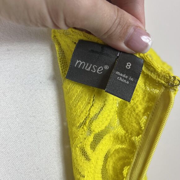 Muse Dress Womens 8 Neon Yellow Lace Tiered Ruffle Drop Waist Party Cocktail - Picture 5 of 8